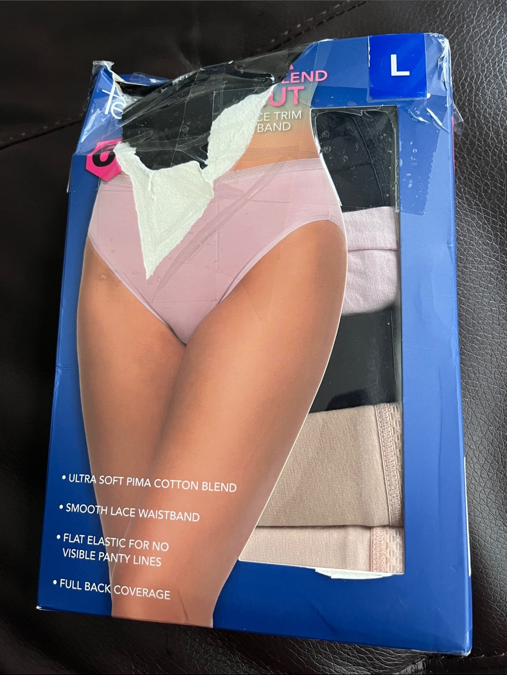 Pima Cotton Blend Hi-Cut with Lace Trim Waist Band 6-Pack by Felina